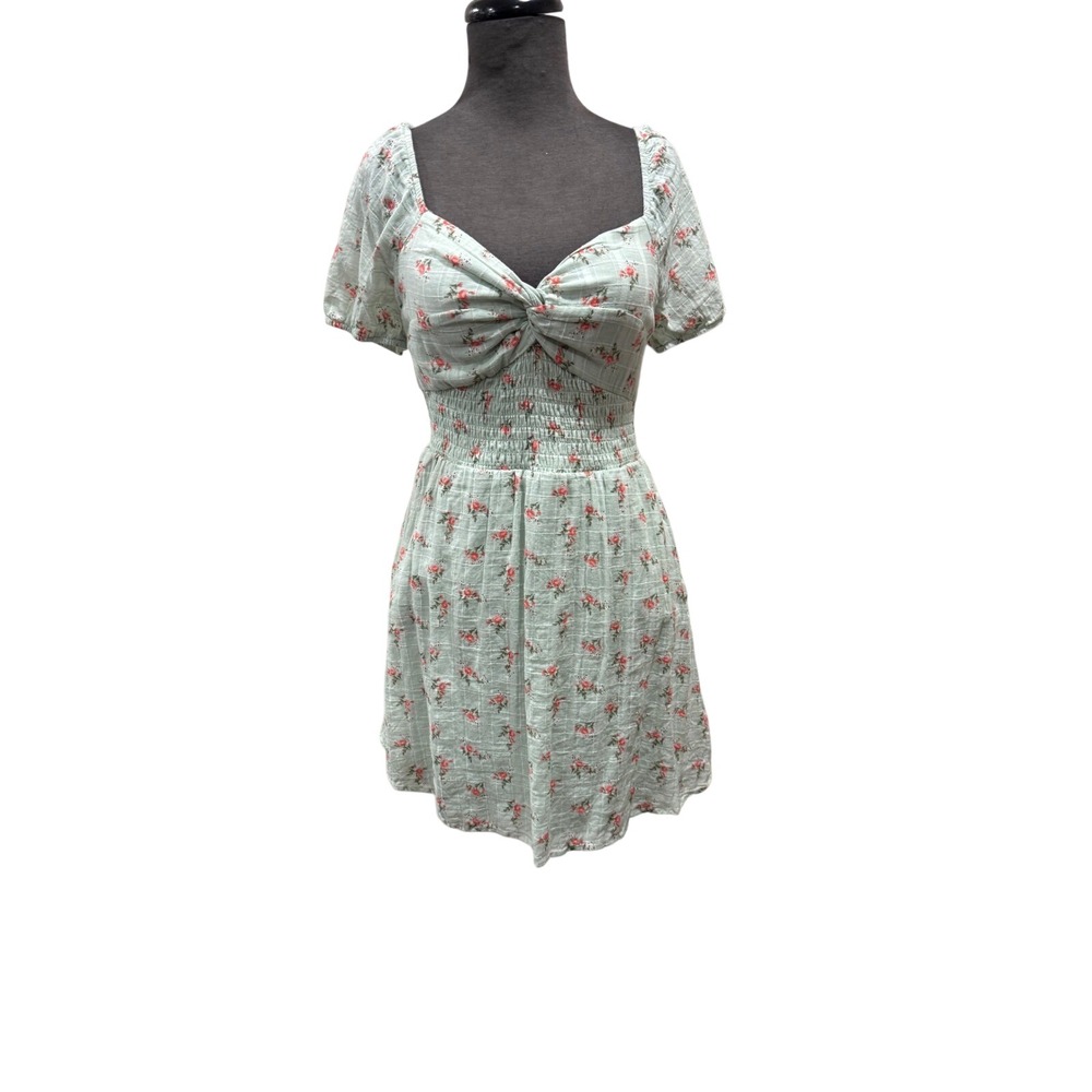 Cotton As u wish  Mint Green‎ Floral Smocked Mini Dress Tie Back  Cottagecore